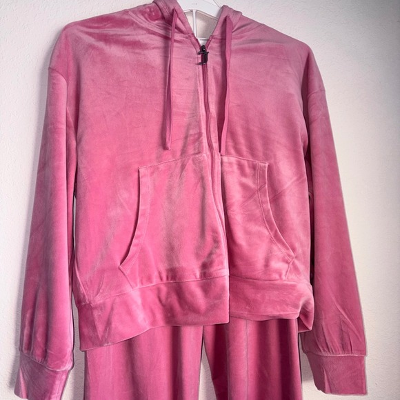 Juicy Couture Pink Velour Tracksuit Hoodie & Wide Leg Pants Set Silver Logo m - Picture 4 of 16
